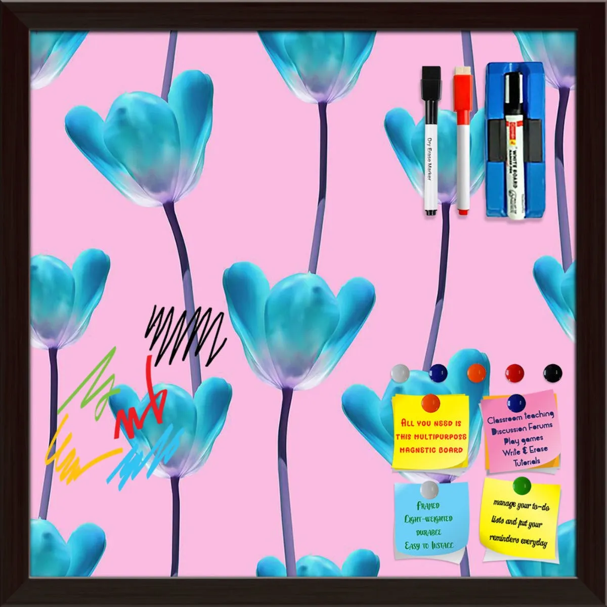 3D Tulips Pattern D5 Framed Magnetic Dry Erase Board | Combo with Magnet Buttons & Markers