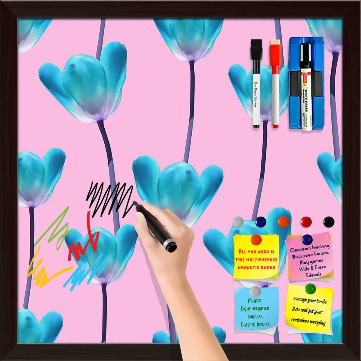 3D Tulips Pattern D5 Framed Magnetic Dry Erase Board | Combo with Magnet Buttons & Markers