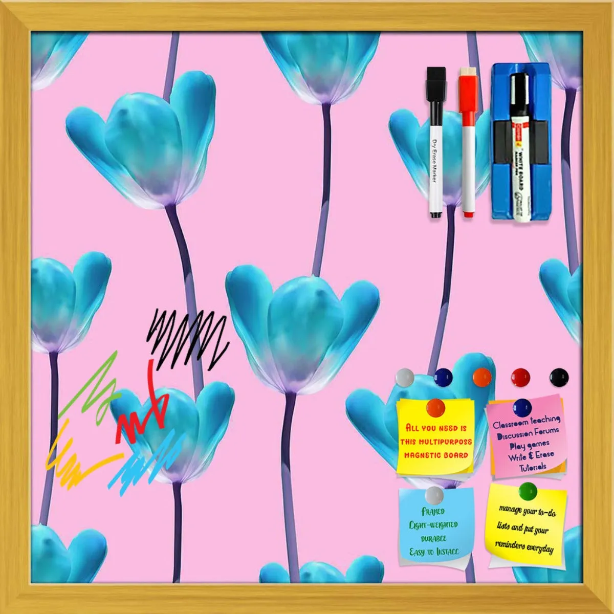 3D Tulips Pattern D5 Framed Magnetic Dry Erase Board | Combo with Magnet Buttons & Markers