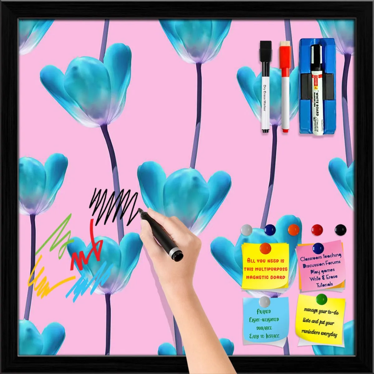 3D Tulips Pattern D5 Framed Magnetic Dry Erase Board | Combo with Magnet Buttons & Markers