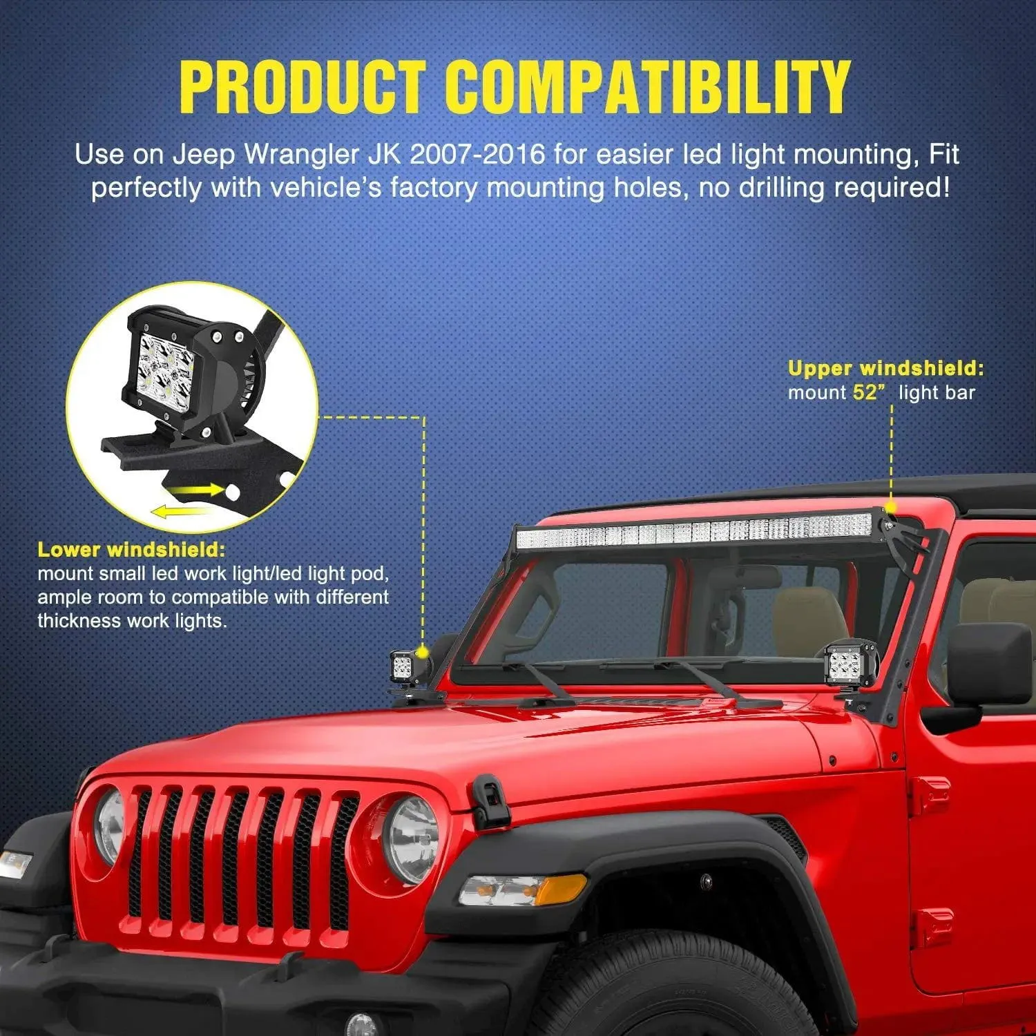 52 Inch Light Bar and Pod Light Windshield Frame Mounts For 2007-2017 Jeep Wrangler JK