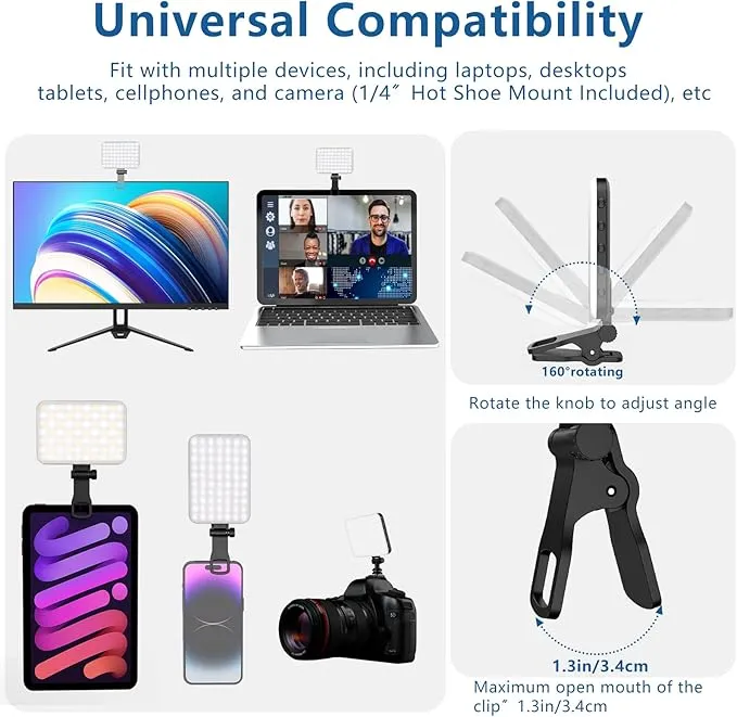 60 LEDs Selfie Light with Clip In UK -  Video Conference Lighting with Clip and Camera Tripod Adapter, Rechargeable 2200mAh CRI 97 , 3 Lighting Modes for Mobile Phones iPhone Camera Laptop Photo Make-up Portable