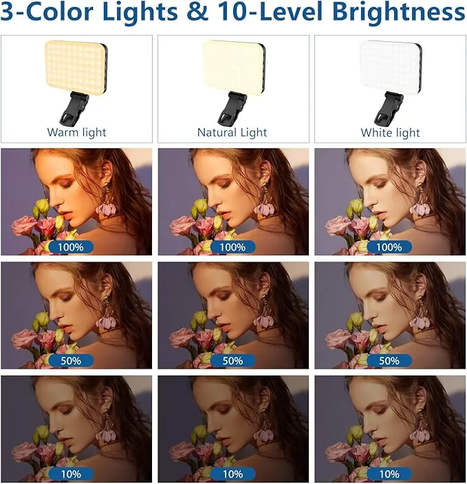 60 LEDs Selfie Light with Clip In UK -  Video Conference Lighting with Clip and Camera Tripod Adapter, Rechargeable 2200mAh CRI 97 , 3 Lighting Modes for Mobile Phones iPhone Camera Laptop Photo Make-up Portable
