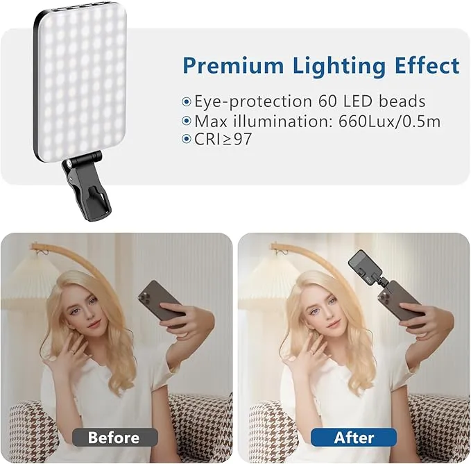 60 LEDs Selfie Light with Clip In UK -  Video Conference Lighting with Clip and Camera Tripod Adapter, Rechargeable 2200mAh CRI 97 , 3 Lighting Modes for Mobile Phones iPhone Camera Laptop Photo Make-up Portable