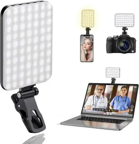 60 LEDs Selfie Light with Clip In UK -  Video Conference Lighting with Clip and Camera Tripod Adapter, Rechargeable 2200mAh CRI 97 , 3 Lighting Modes for Mobile Phones iPhone Camera Laptop Photo Make-up Portable
