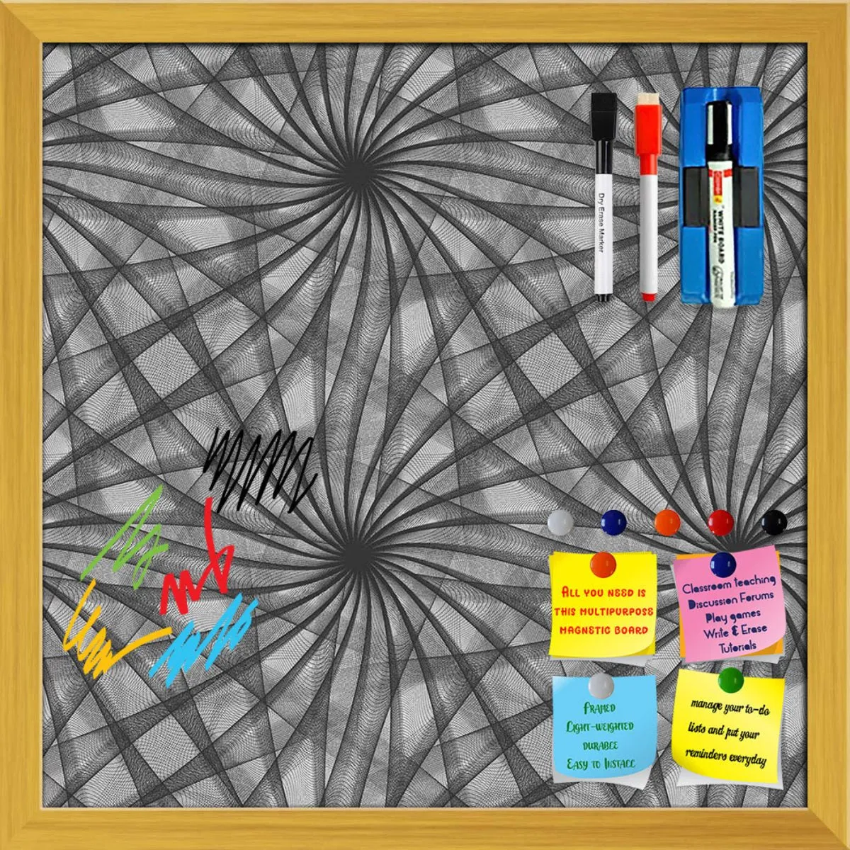 Abstract Black & White Pattern Framed Magnetic Dry Erase Board | Combo with Magnet Buttons & Markers