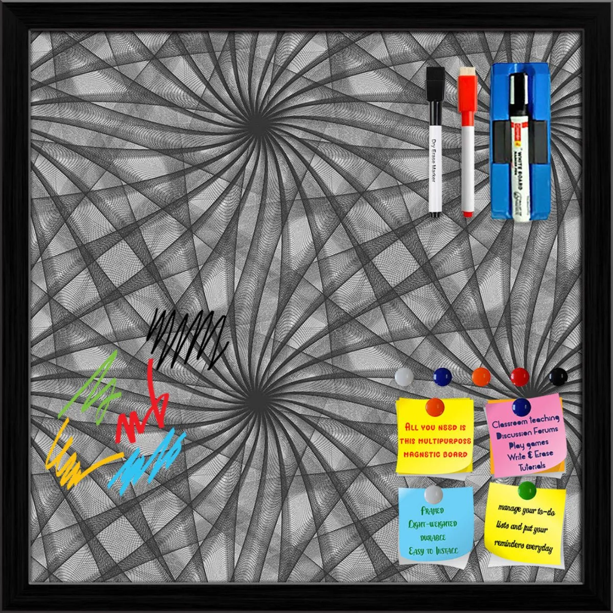 Abstract Black & White Pattern Framed Magnetic Dry Erase Board | Combo with Magnet Buttons & Markers