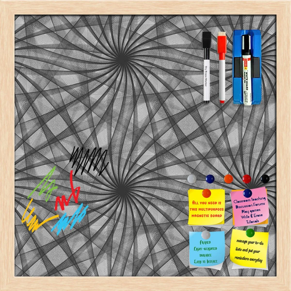 Abstract Black & White Pattern Framed Magnetic Dry Erase Board | Combo with Magnet Buttons & Markers