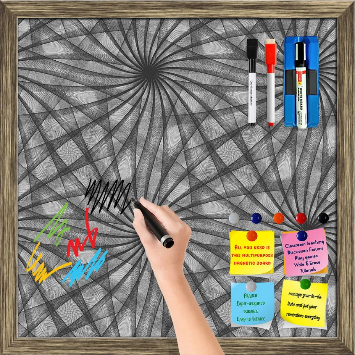 Abstract Black & White Pattern Framed Magnetic Dry Erase Board | Combo with Magnet Buttons & Markers