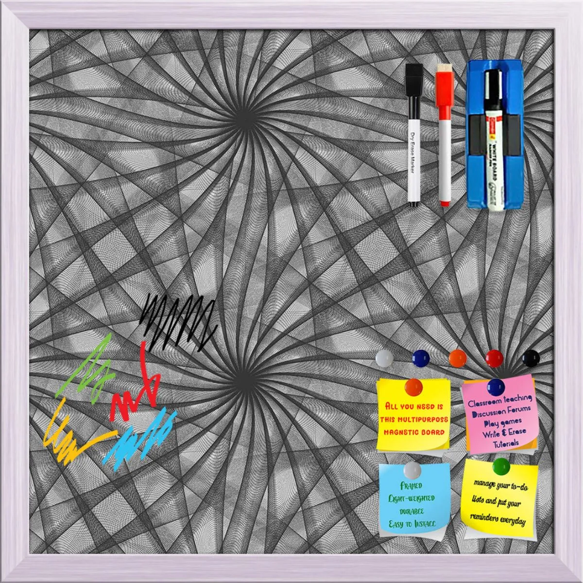 Abstract Black & White Pattern Framed Magnetic Dry Erase Board | Combo with Magnet Buttons & Markers