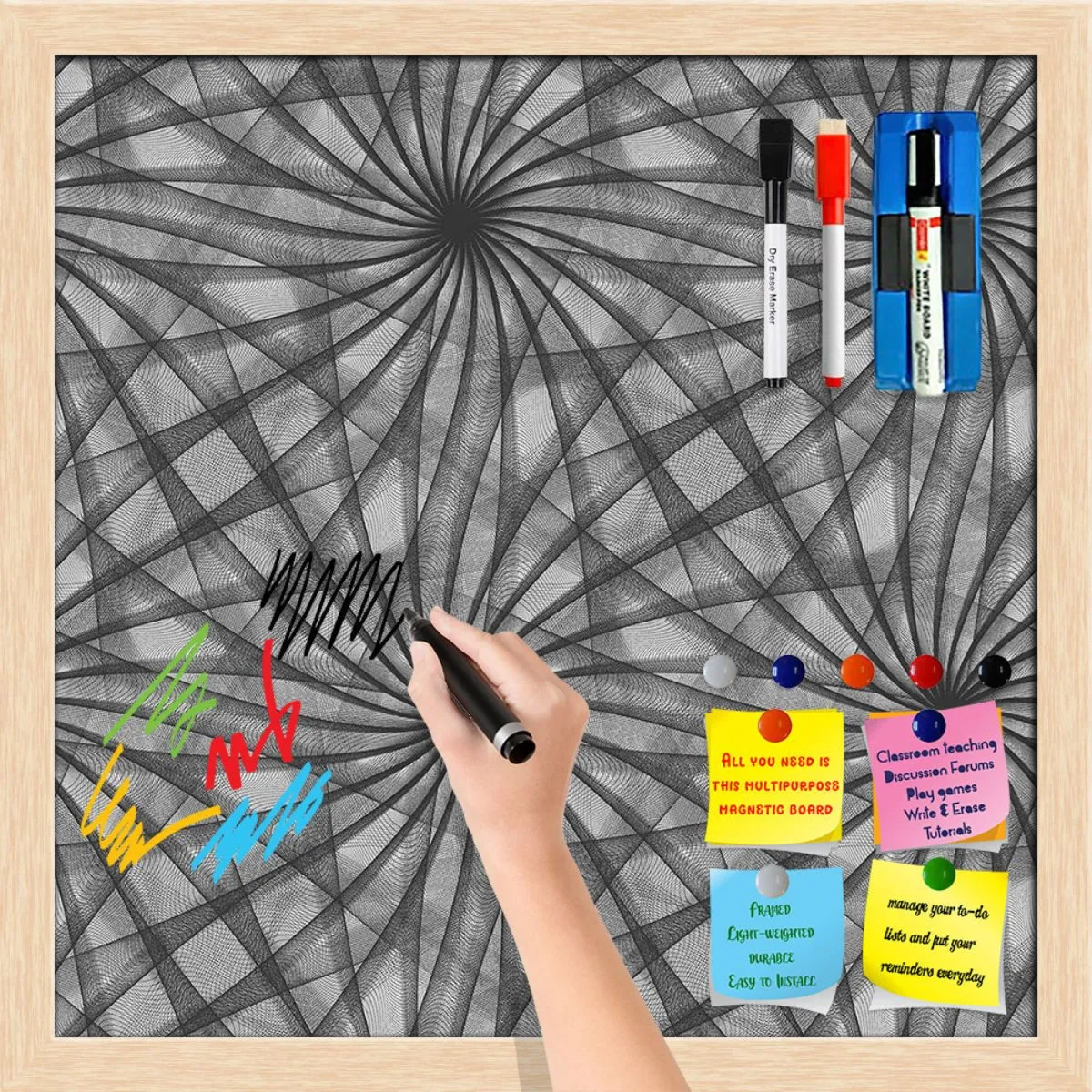 Abstract Black & White Pattern Framed Magnetic Dry Erase Board | Combo with Magnet Buttons & Markers