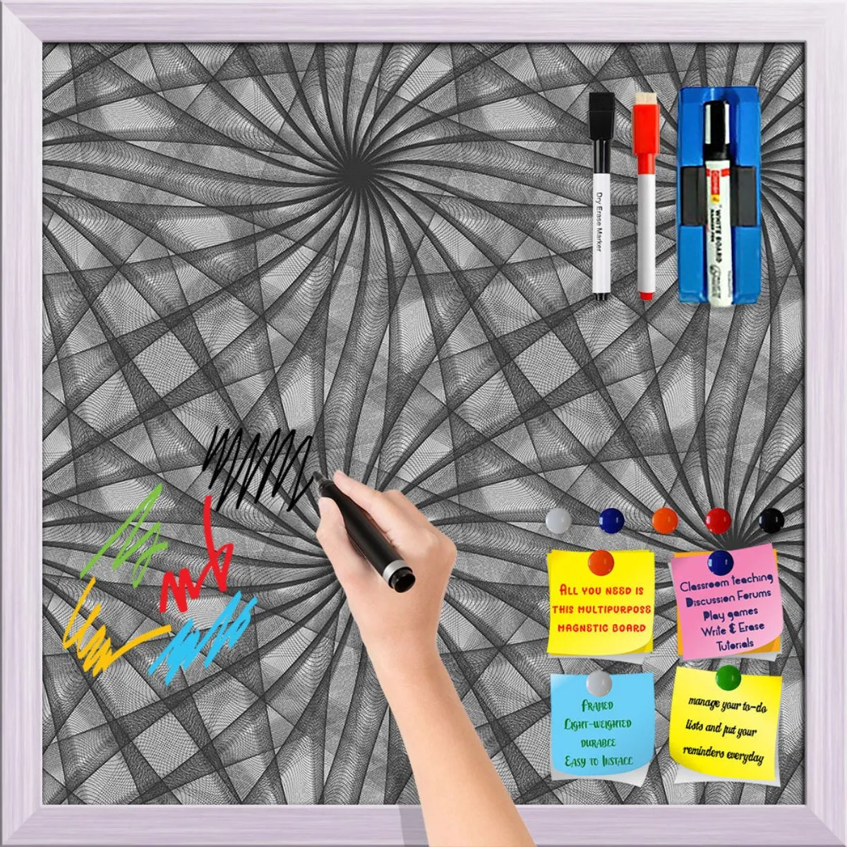 Abstract Black & White Pattern Framed Magnetic Dry Erase Board | Combo with Magnet Buttons & Markers