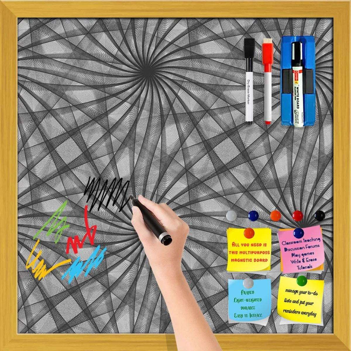Abstract Black & White Pattern Framed Magnetic Dry Erase Board | Combo with Magnet Buttons & Markers