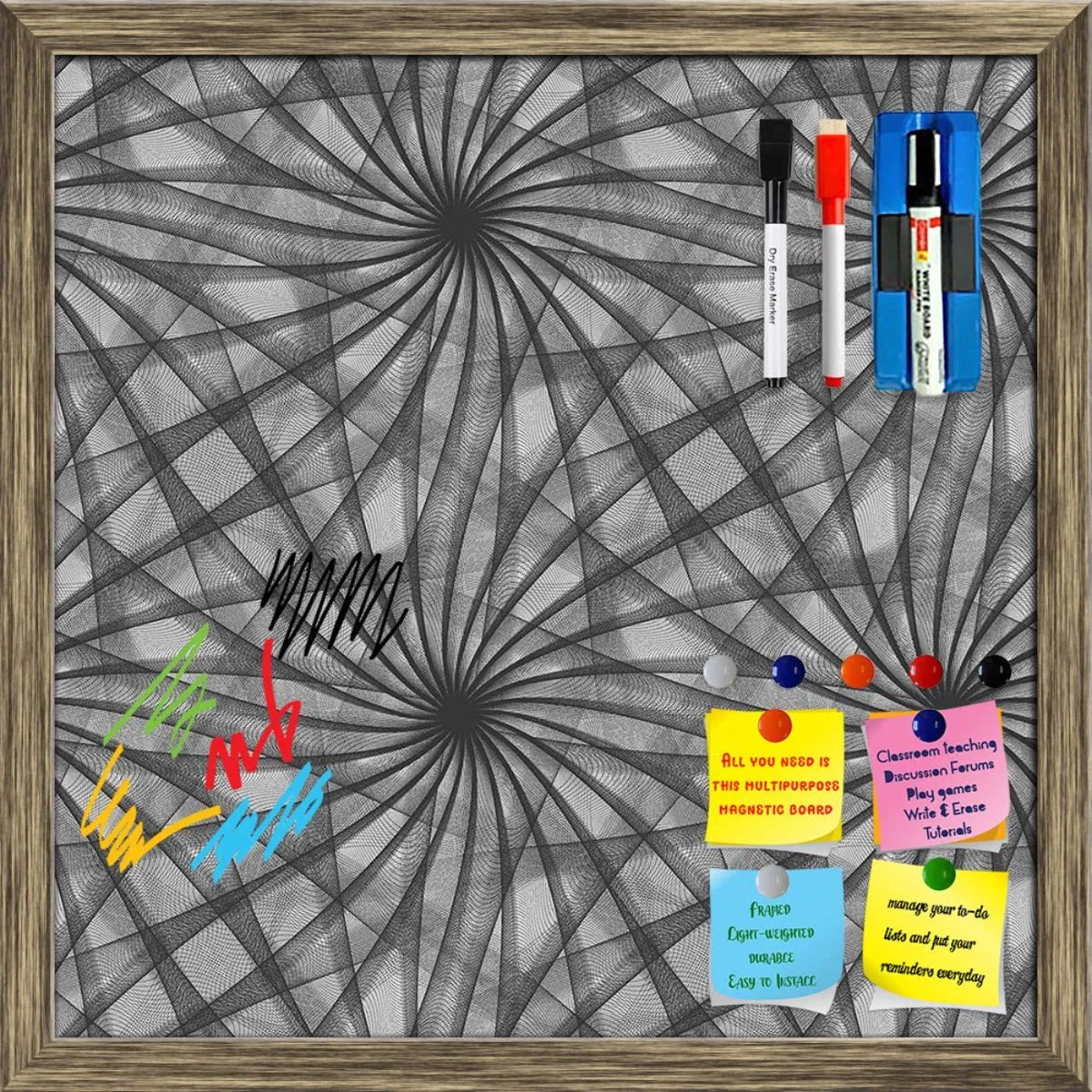 Abstract Black & White Pattern Framed Magnetic Dry Erase Board | Combo with Magnet Buttons & Markers