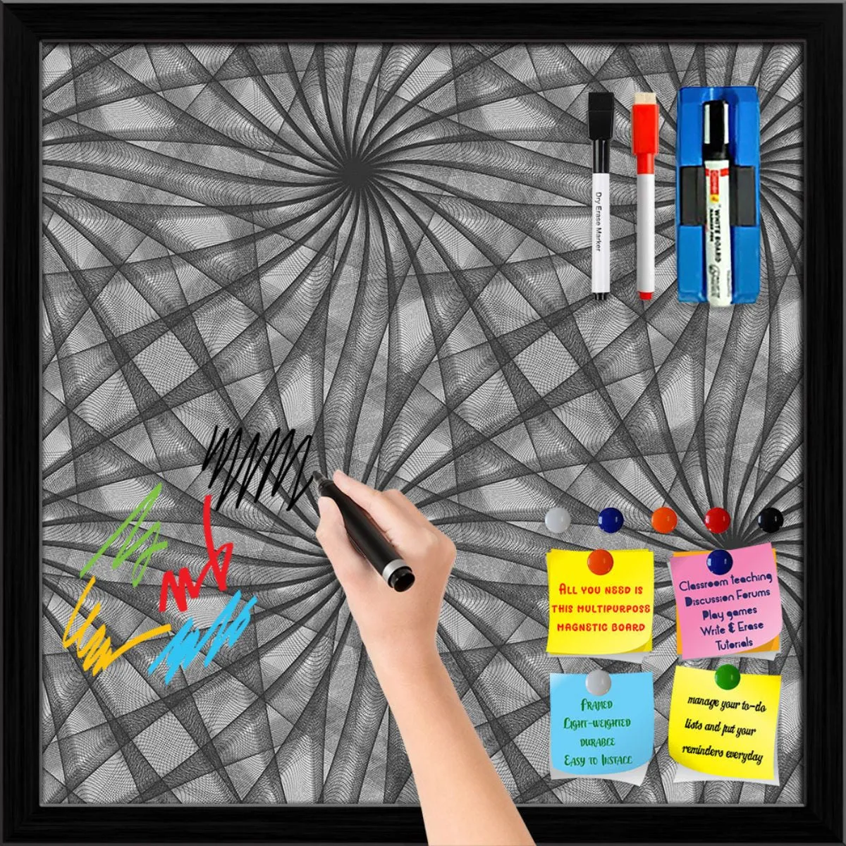 Abstract Black & White Pattern Framed Magnetic Dry Erase Board | Combo with Magnet Buttons & Markers