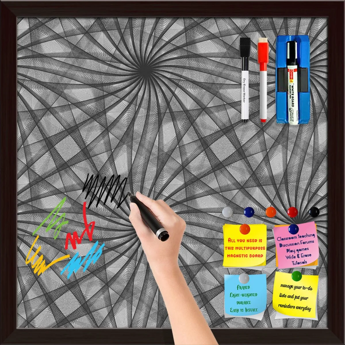 Abstract Black & White Pattern Framed Magnetic Dry Erase Board | Combo with Magnet Buttons & Markers