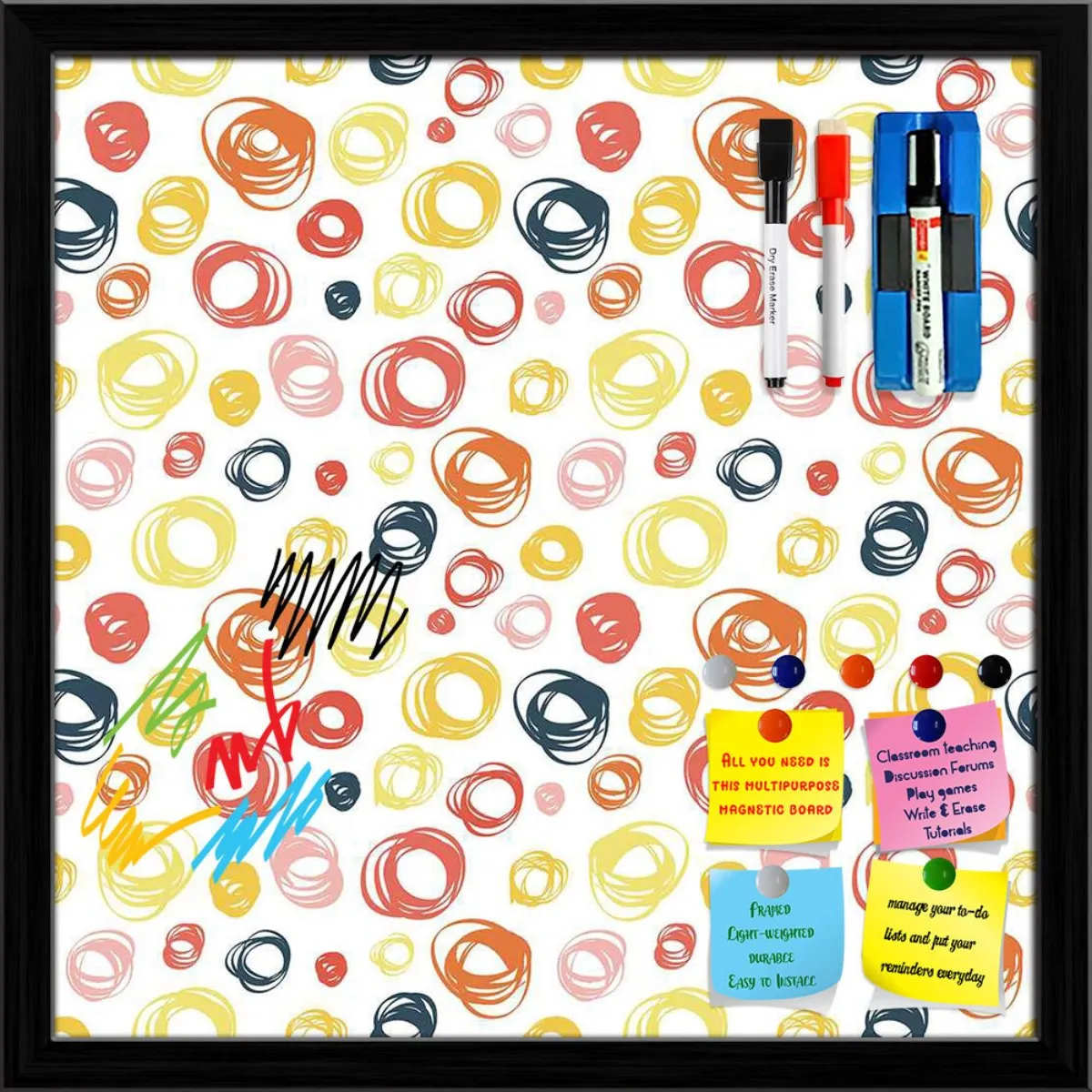 Abstract Doodle Framed Magnetic Dry Erase Board | Combo with Magnet Buttons & Markers