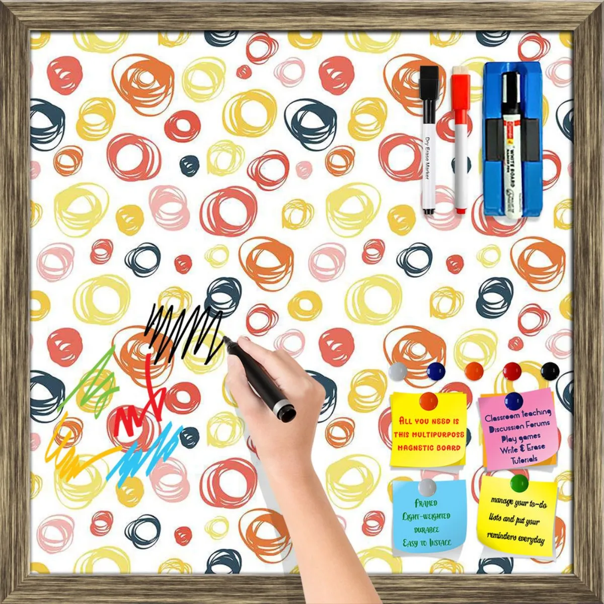 Abstract Doodle Framed Magnetic Dry Erase Board | Combo with Magnet Buttons & Markers