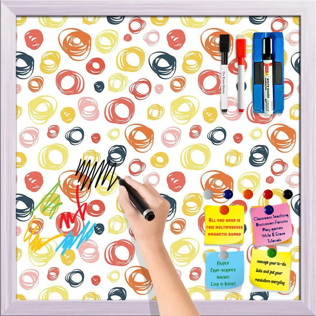 Abstract Doodle Framed Magnetic Dry Erase Board | Combo with Magnet Buttons & Markers