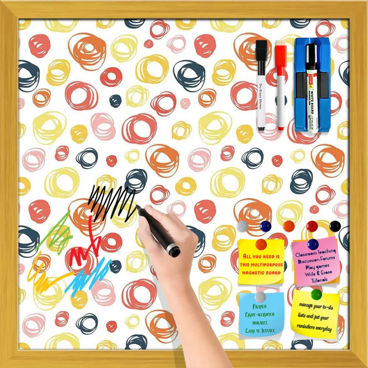 Abstract Doodle Framed Magnetic Dry Erase Board | Combo with Magnet Buttons & Markers
