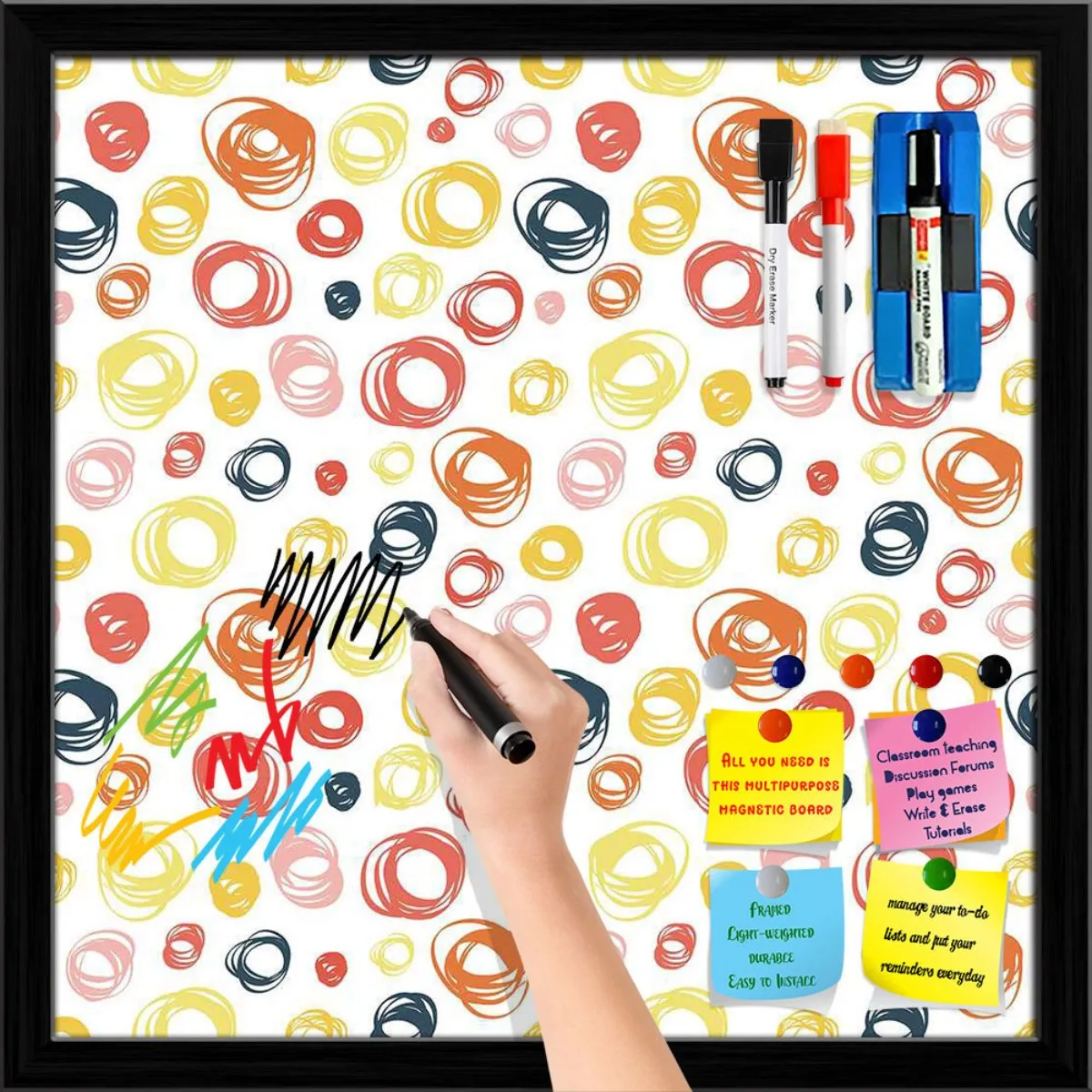 Abstract Doodle Framed Magnetic Dry Erase Board | Combo with Magnet Buttons & Markers