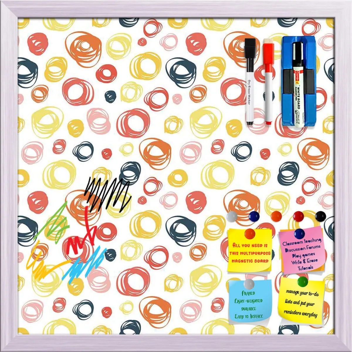 Abstract Doodle Framed Magnetic Dry Erase Board | Combo with Magnet Buttons & Markers