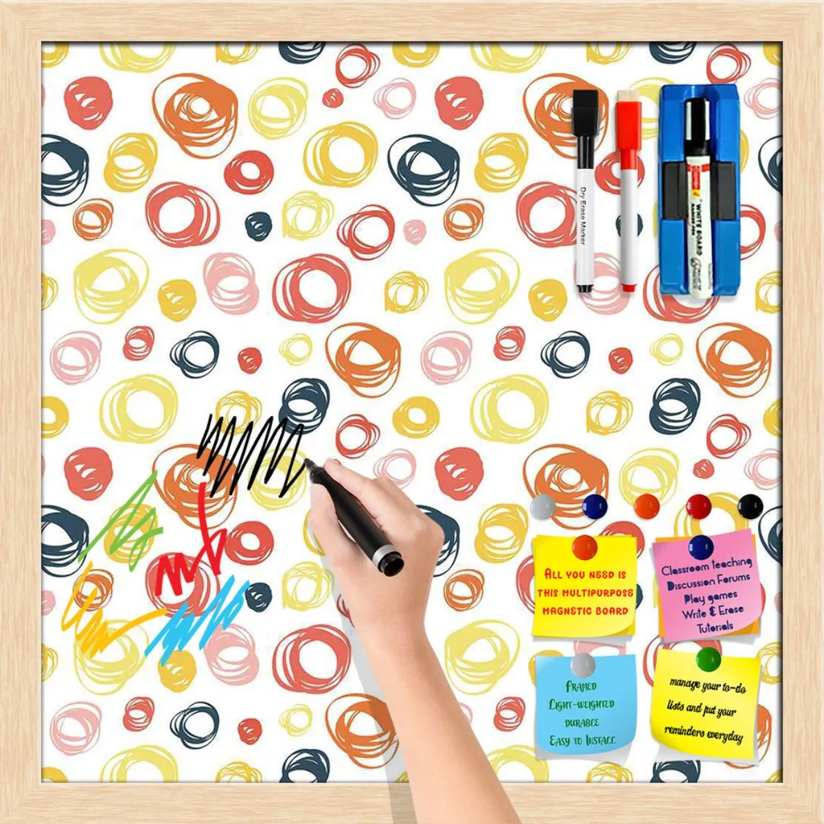 Abstract Doodle Framed Magnetic Dry Erase Board | Combo with Magnet Buttons & Markers