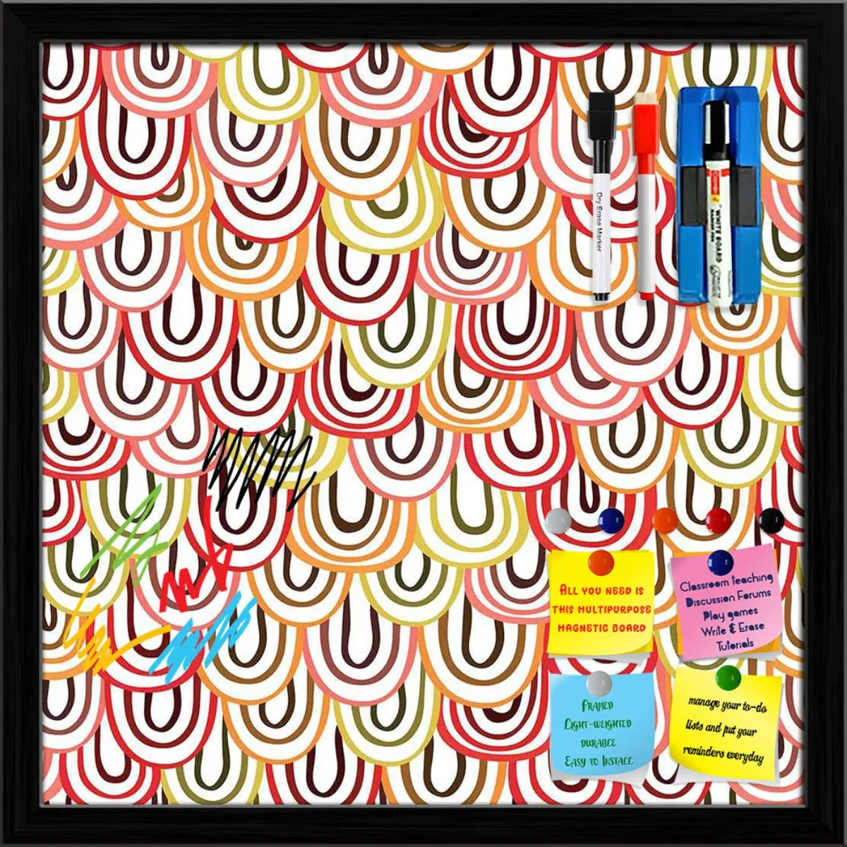 Abstract Doodles Framed Magnetic Dry Erase Board | Combo with Magnet Buttons & Markers
