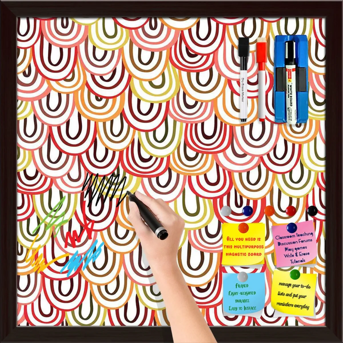 Abstract Doodles Framed Magnetic Dry Erase Board | Combo with Magnet Buttons & Markers