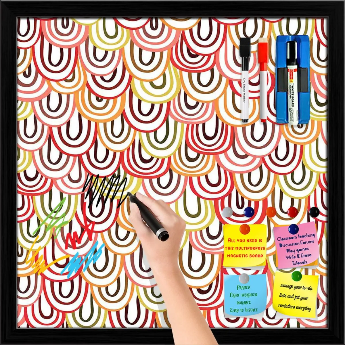 Abstract Doodles Framed Magnetic Dry Erase Board | Combo with Magnet Buttons & Markers