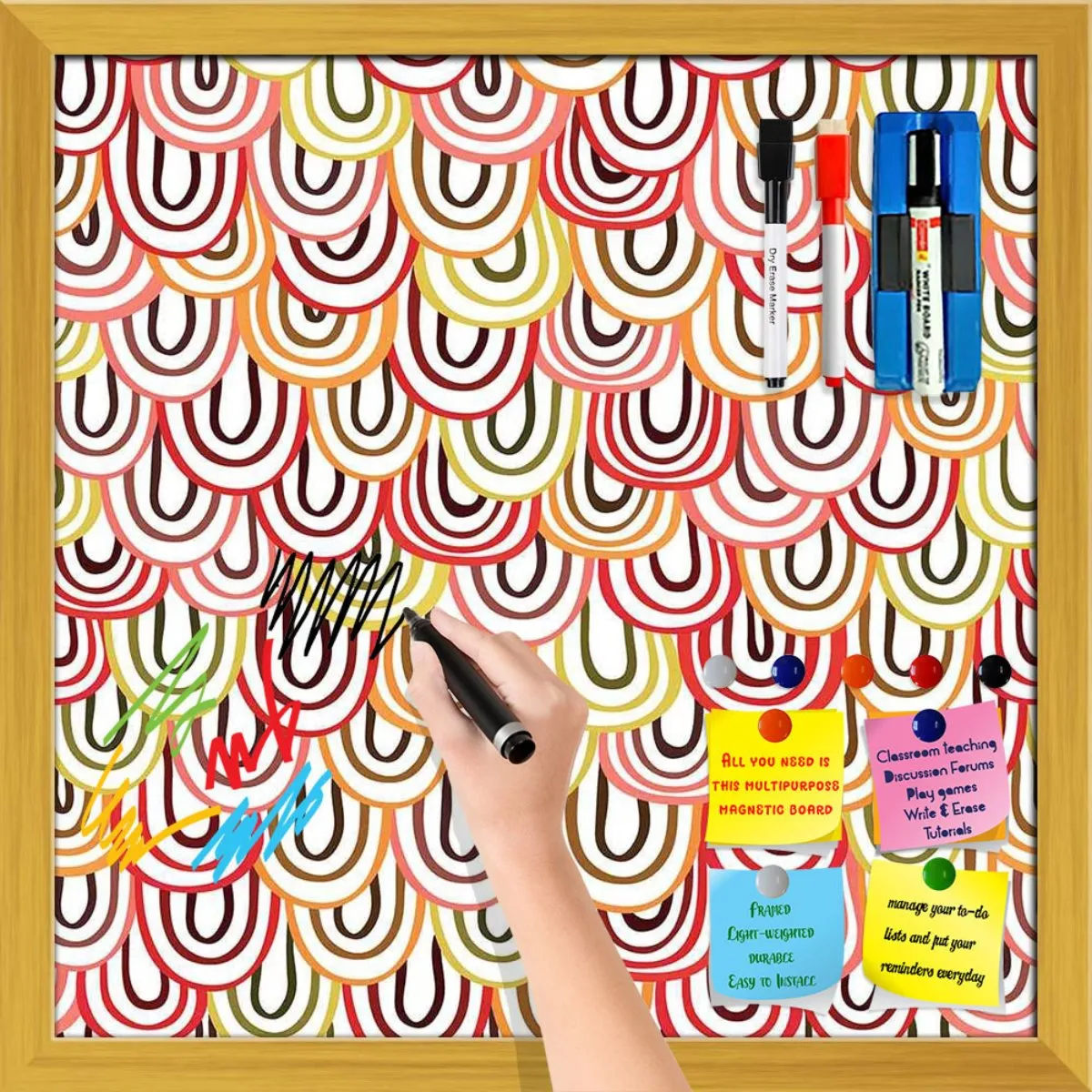 Abstract Doodles Framed Magnetic Dry Erase Board | Combo with Magnet Buttons & Markers