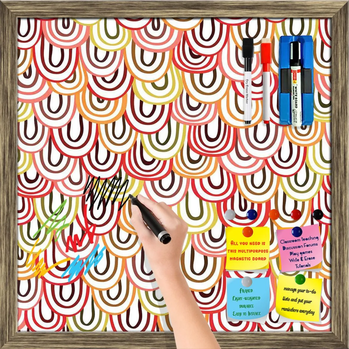 Abstract Doodles Framed Magnetic Dry Erase Board | Combo with Magnet Buttons & Markers