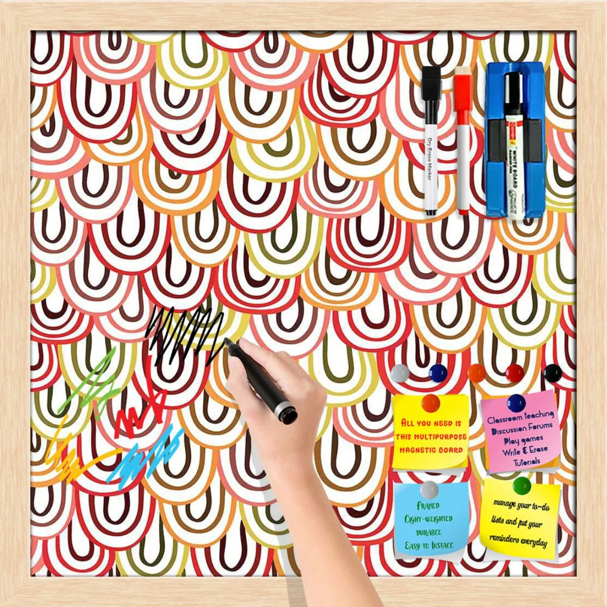 Abstract Doodles Framed Magnetic Dry Erase Board | Combo with Magnet Buttons & Markers