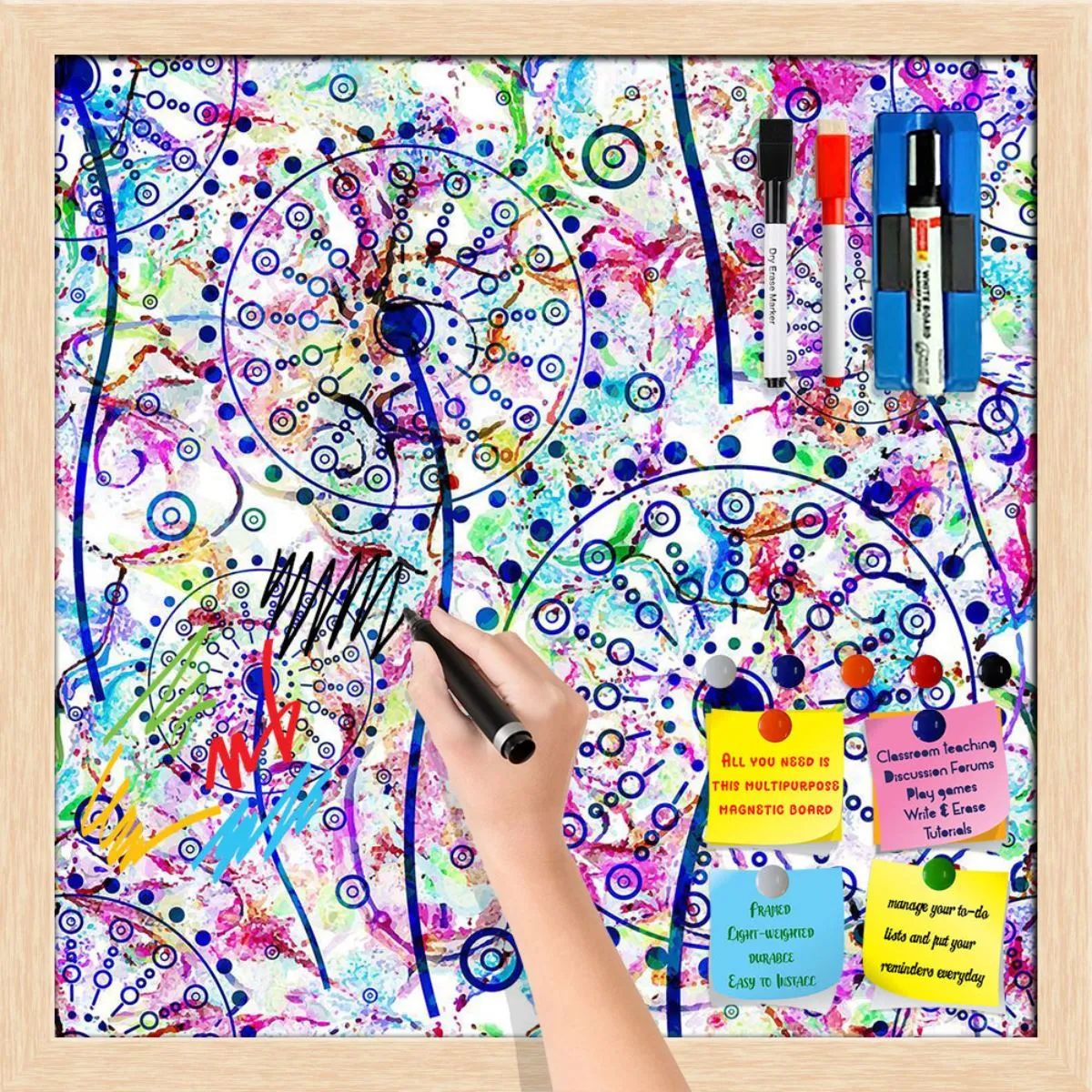 Abstract Floral Pattern Framed Magnetic Dry Erase Board | Combo with Magnet Buttons & Markers