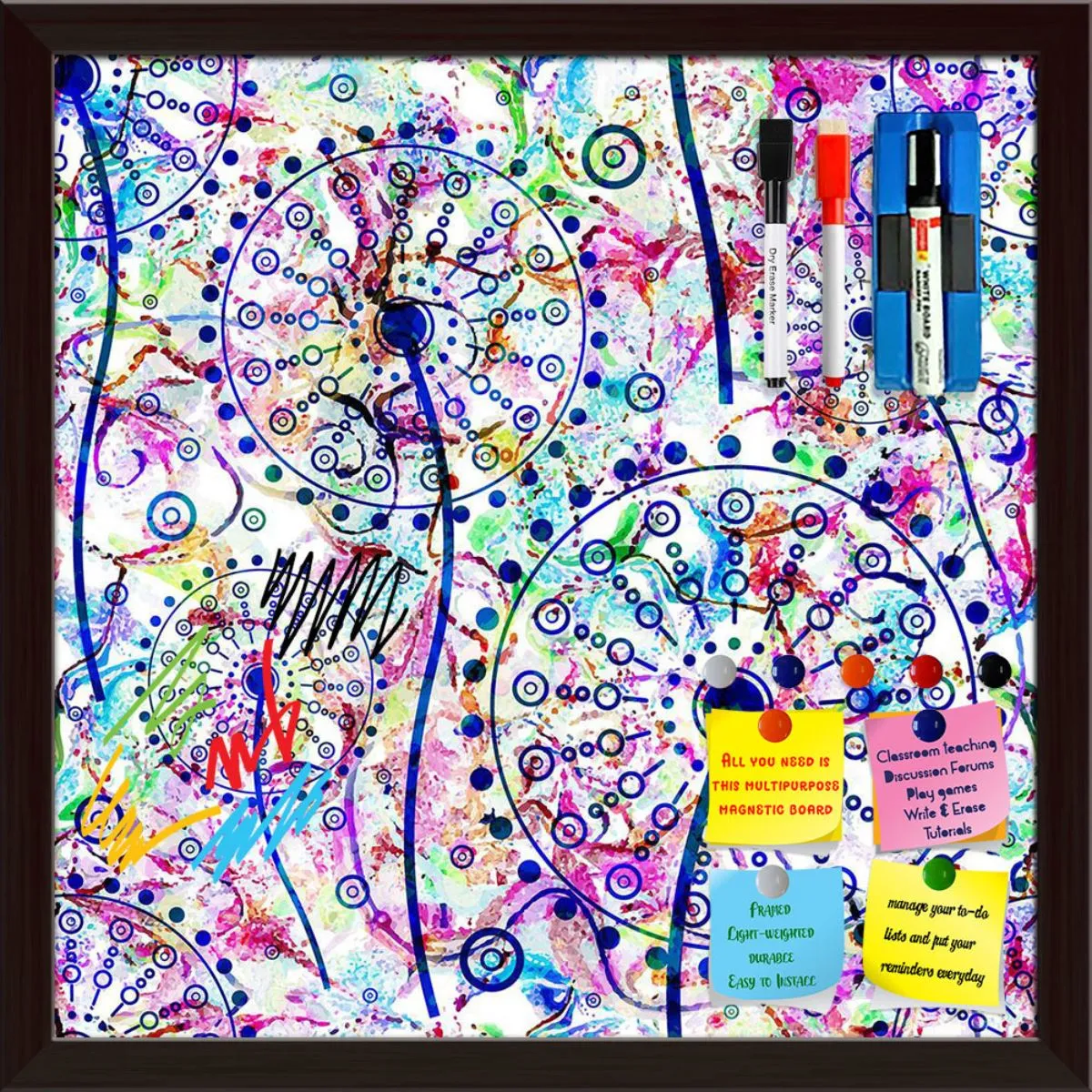 Abstract Floral Pattern Framed Magnetic Dry Erase Board | Combo with Magnet Buttons & Markers