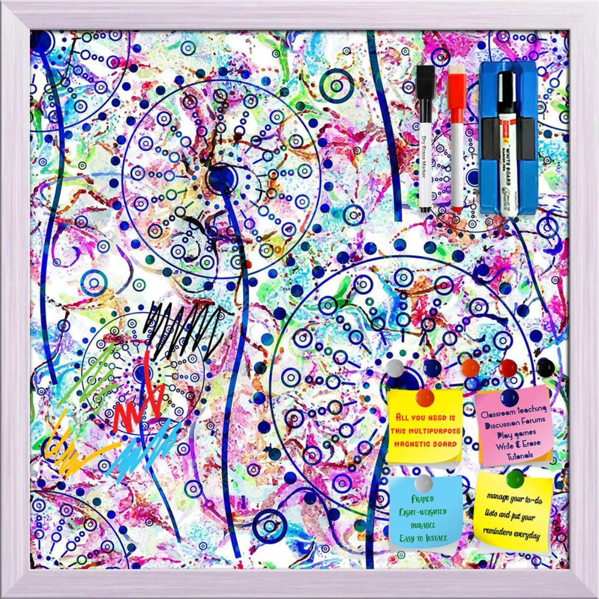 Abstract Floral Pattern Framed Magnetic Dry Erase Board | Combo with Magnet Buttons & Markers