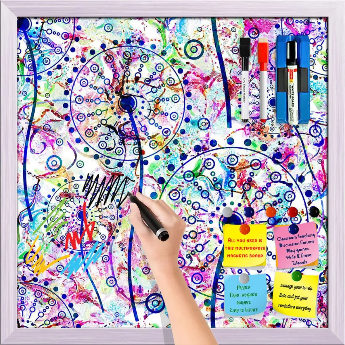 Abstract Floral Pattern Framed Magnetic Dry Erase Board | Combo with Magnet Buttons & Markers