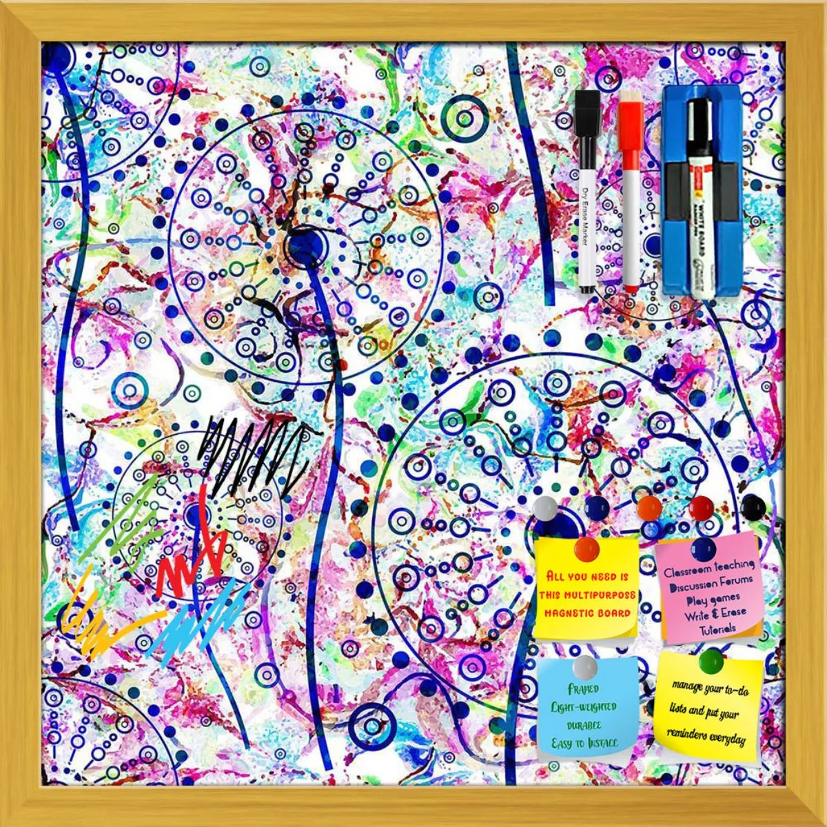 Abstract Floral Pattern Framed Magnetic Dry Erase Board | Combo with Magnet Buttons & Markers
