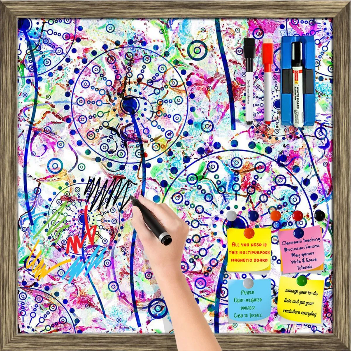 Abstract Floral Pattern Framed Magnetic Dry Erase Board | Combo with Magnet Buttons & Markers