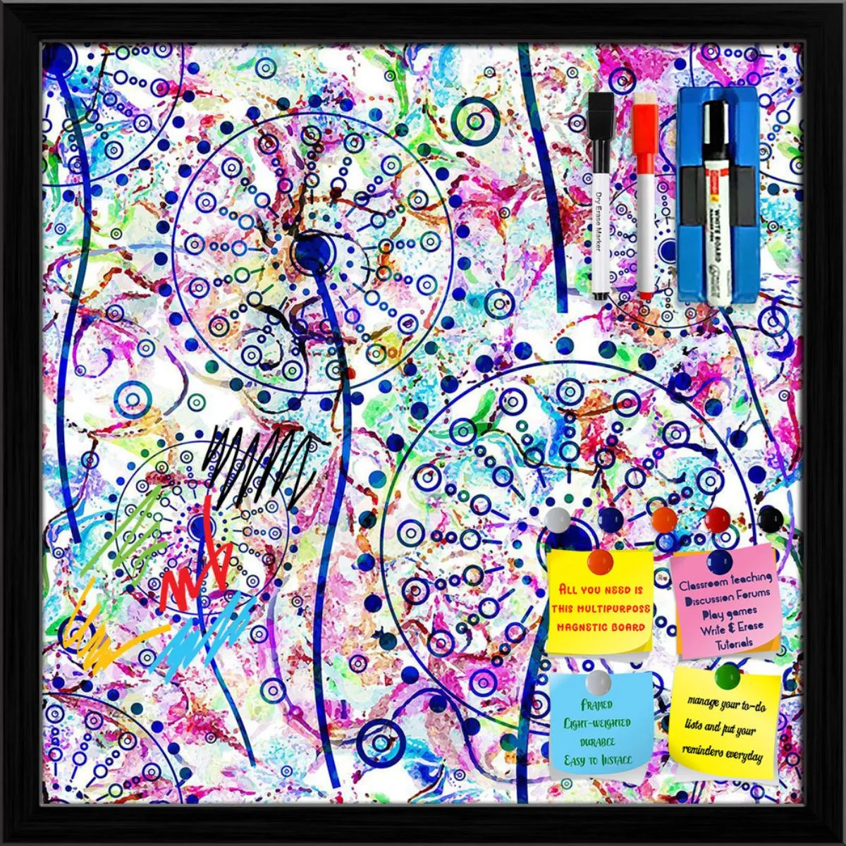 Abstract Floral Pattern Framed Magnetic Dry Erase Board | Combo with Magnet Buttons & Markers