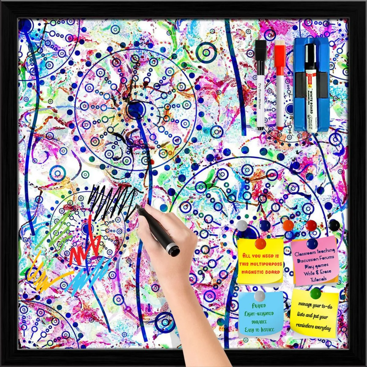 Abstract Floral Pattern Framed Magnetic Dry Erase Board | Combo with Magnet Buttons & Markers