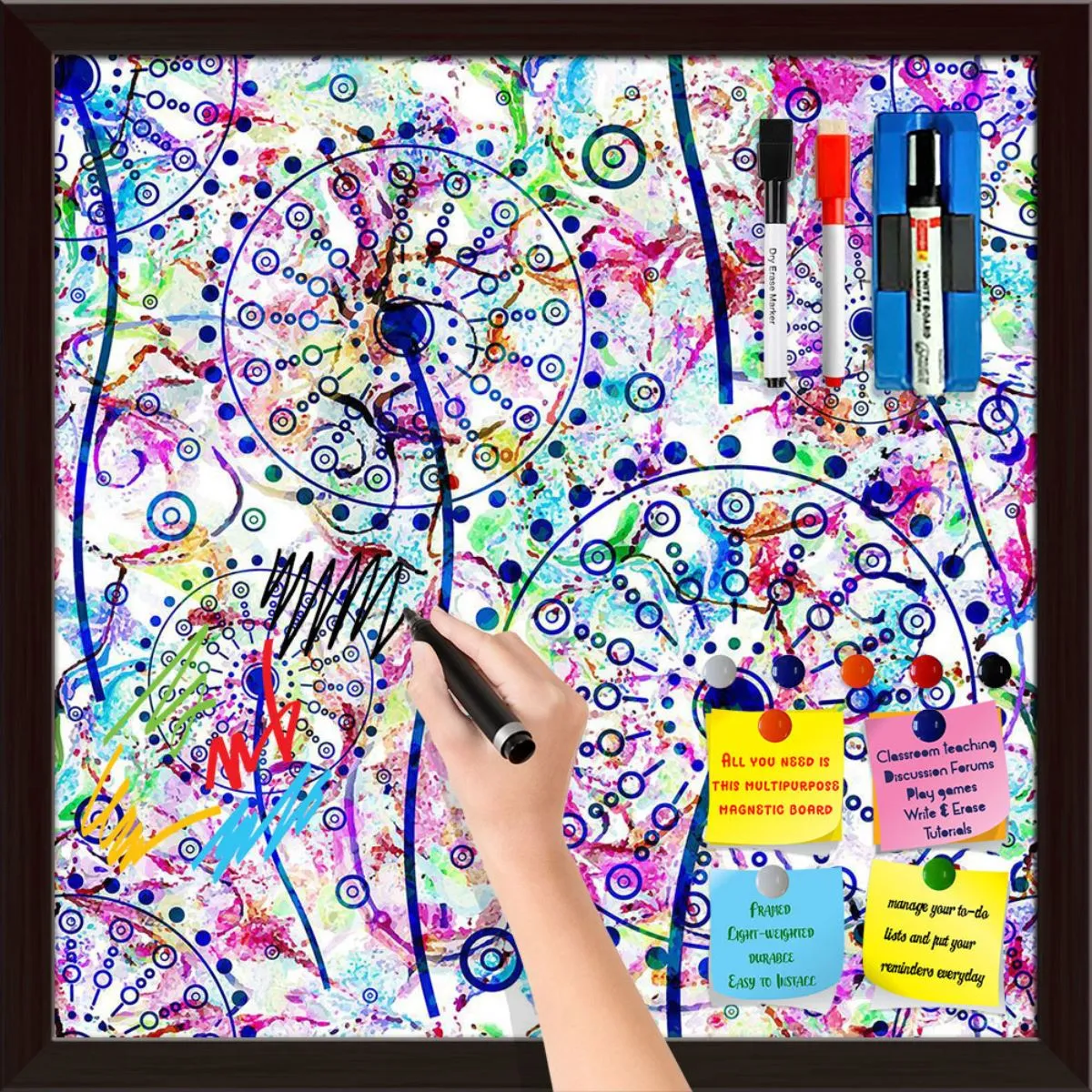 Abstract Floral Pattern Framed Magnetic Dry Erase Board | Combo with Magnet Buttons & Markers