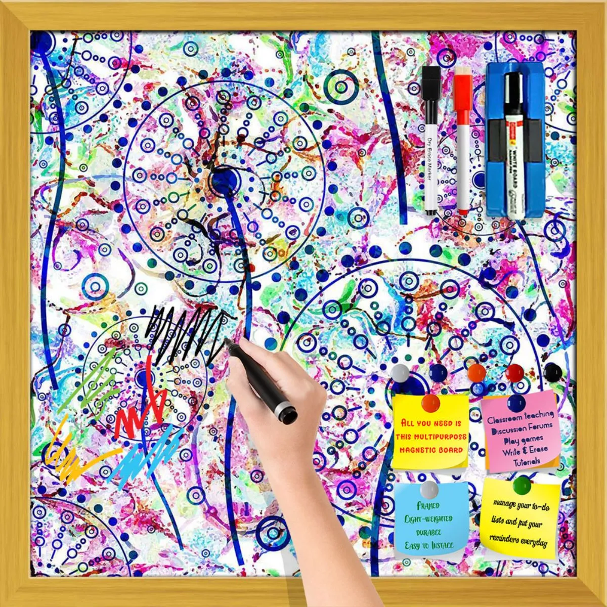 Abstract Floral Pattern Framed Magnetic Dry Erase Board | Combo with Magnet Buttons & Markers