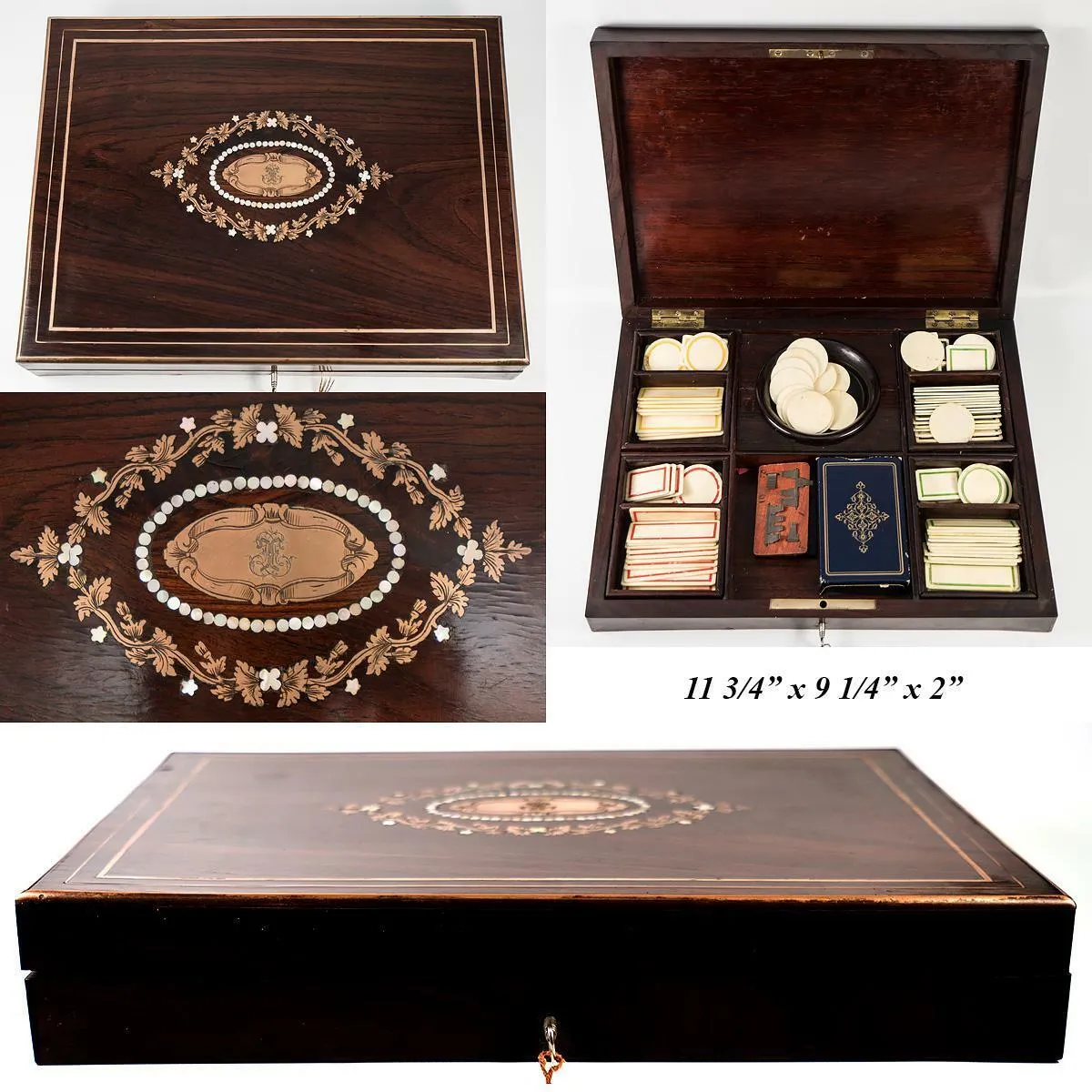Antique French Boulle Gaming or Card Playing Box, c.1850, Gaming Tokens, Cards