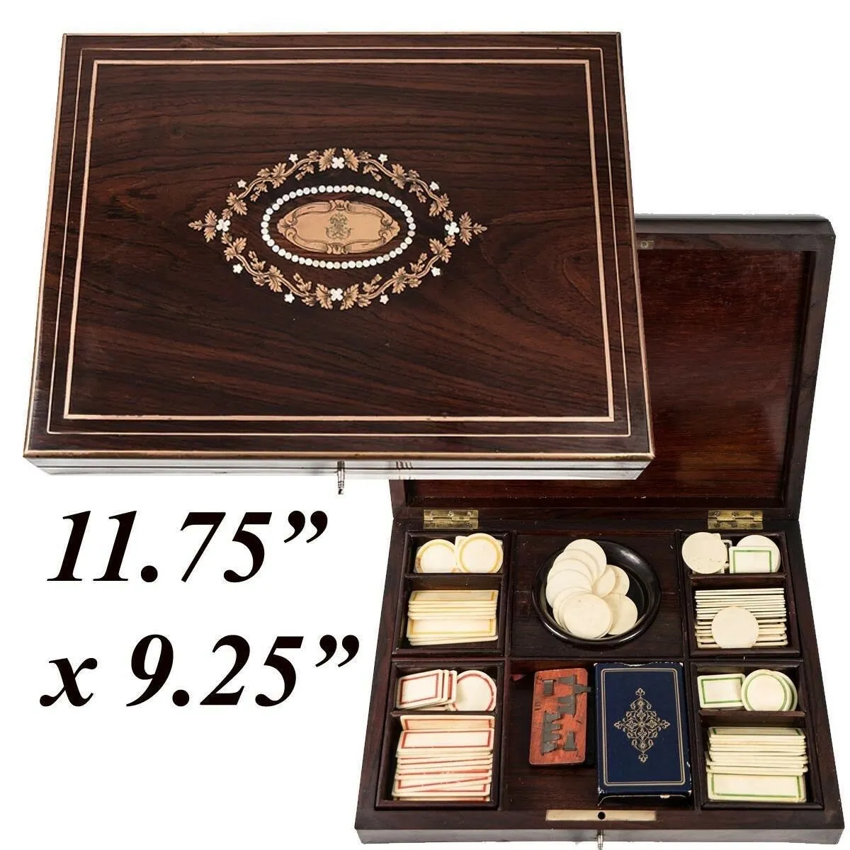 Antique French Boulle Gaming or Card Playing Box, c.1850, Gaming Tokens, Cards