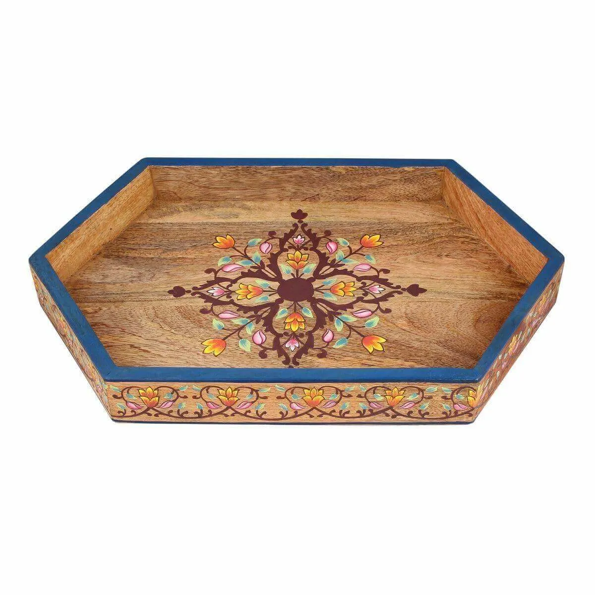 Antique Look Hand - Painted Hexagonal Wooden Tray