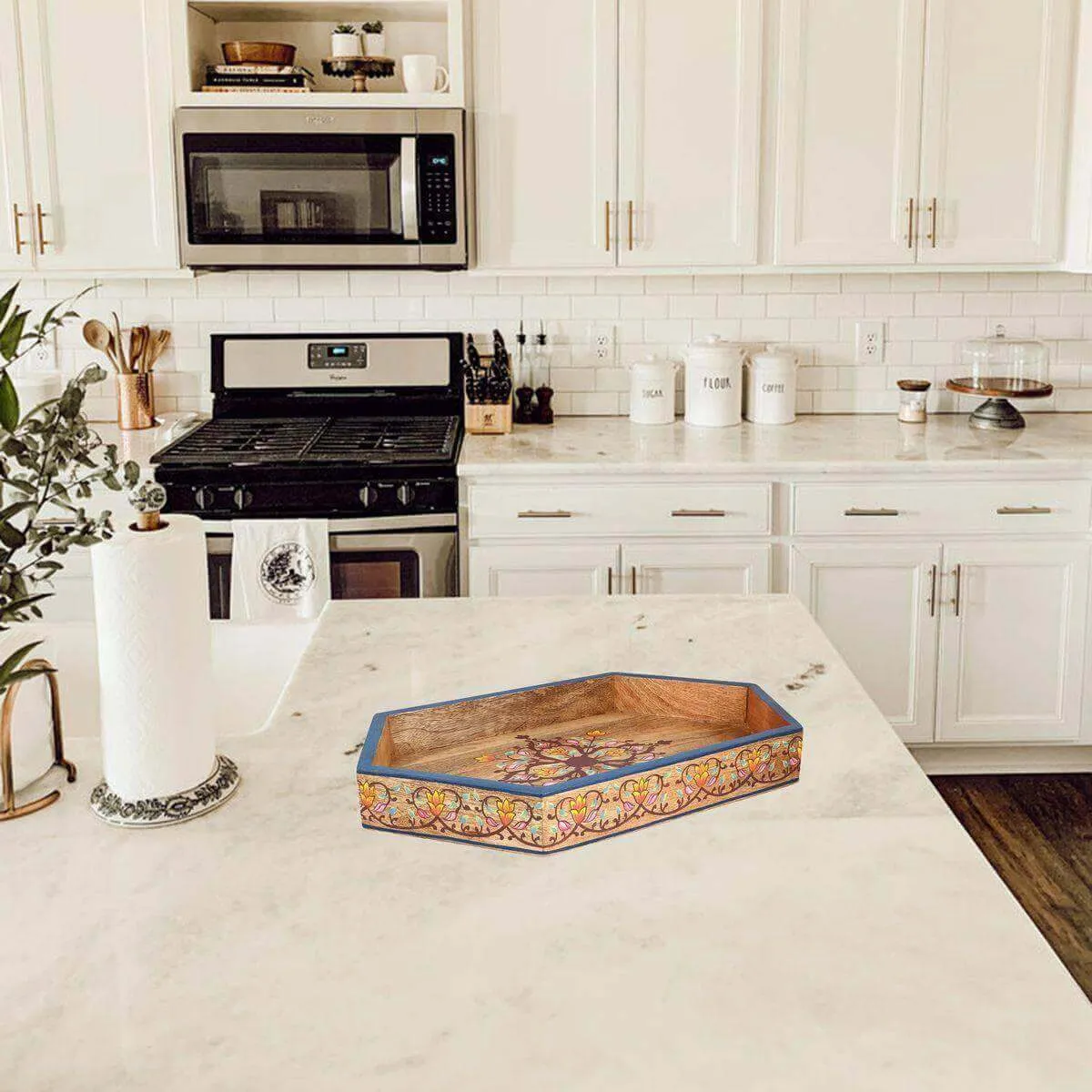 Antique Look Hand - Painted Hexagonal Wooden Tray