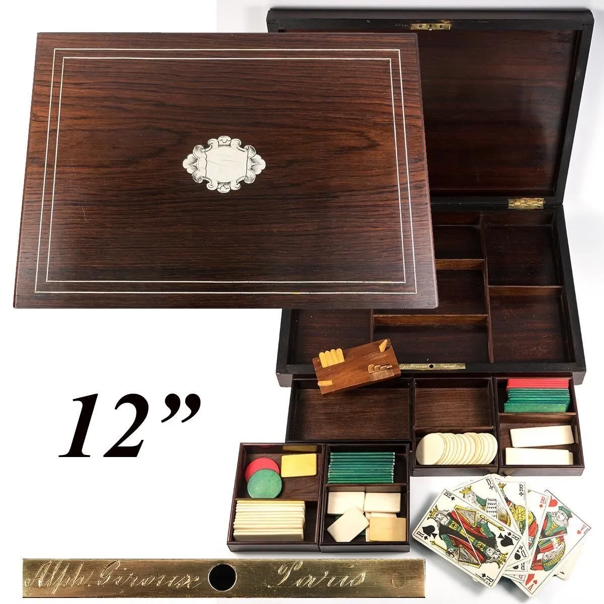 Antique Napoleon III Era French Game Chest, Box, Chips & Cards: Alph. GIROUX