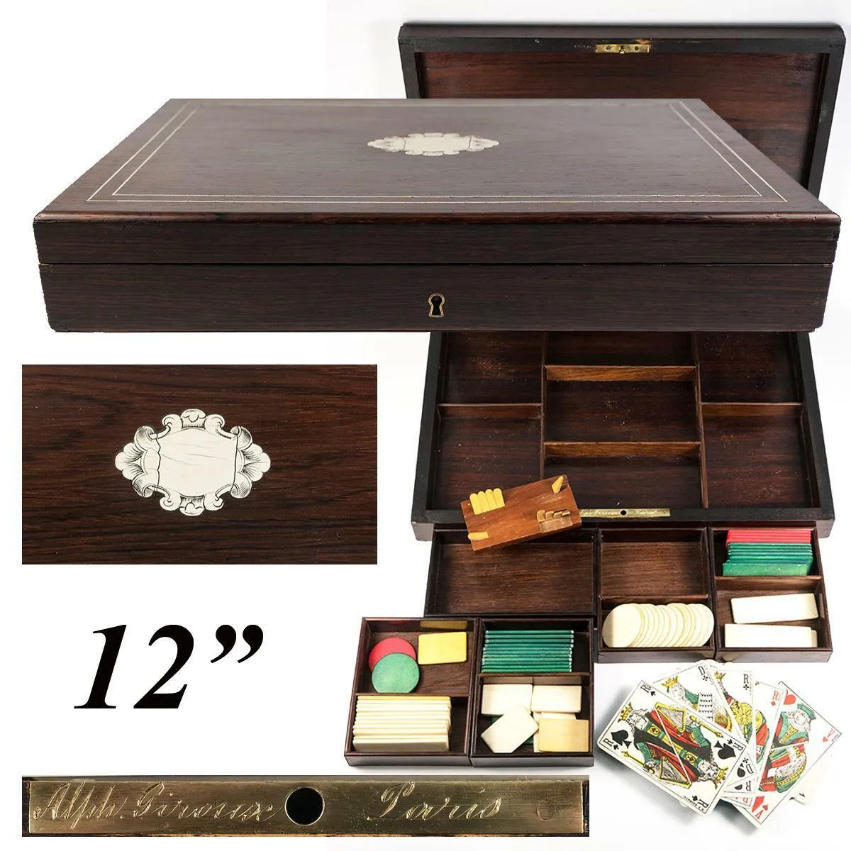 Antique Napoleon III Era French Game Chest, Box, Chips & Cards: Alph. GIROUX