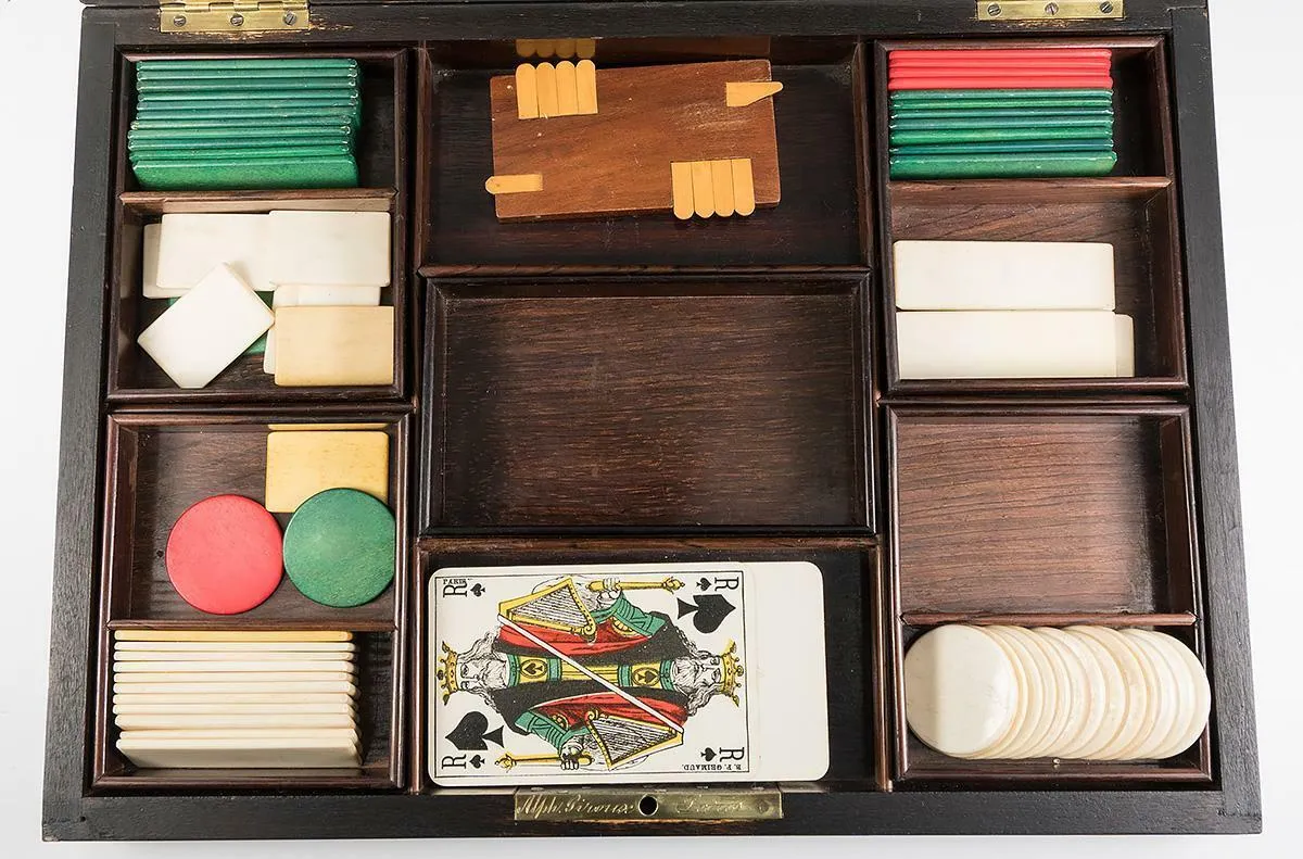 Antique Napoleon III Era French Game Chest, Box, Chips & Cards: Alph. GIROUX
